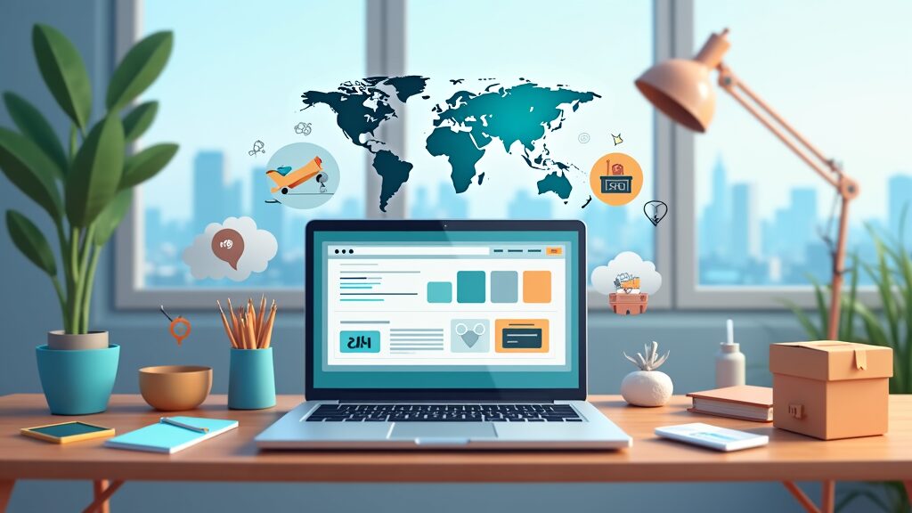 Modern online business workspace with laptop, packaging, and digital elements